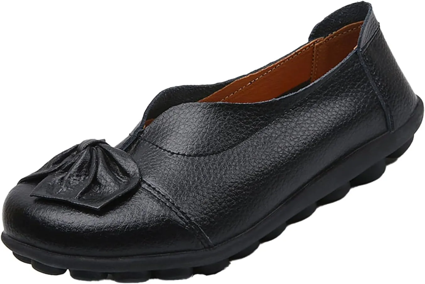 Women's Slip On Leather Loafers,Vintage Cute Handmade Bow Comfy Non-Slip Softsole Walking Casual Moccasins Dress Pumps