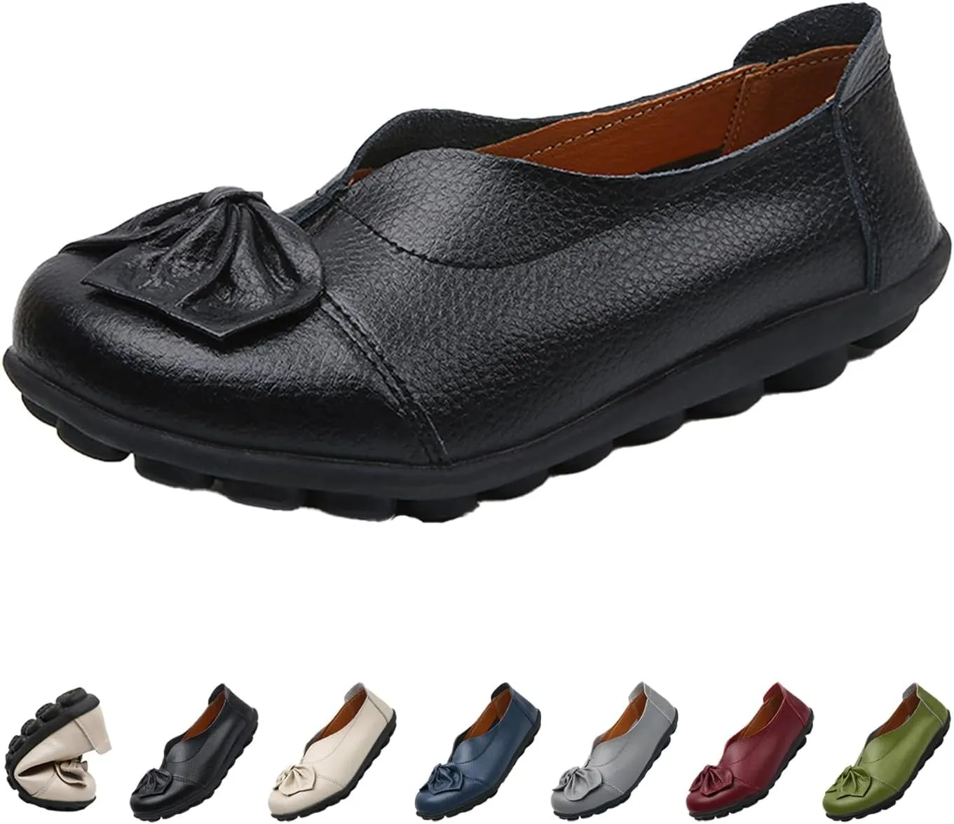 Women's Slip On Leather Loafers,Vintage Cute Handmade Bow Comfy Non-Slip Softsole Walking Casual Moccasins Dress Pumps