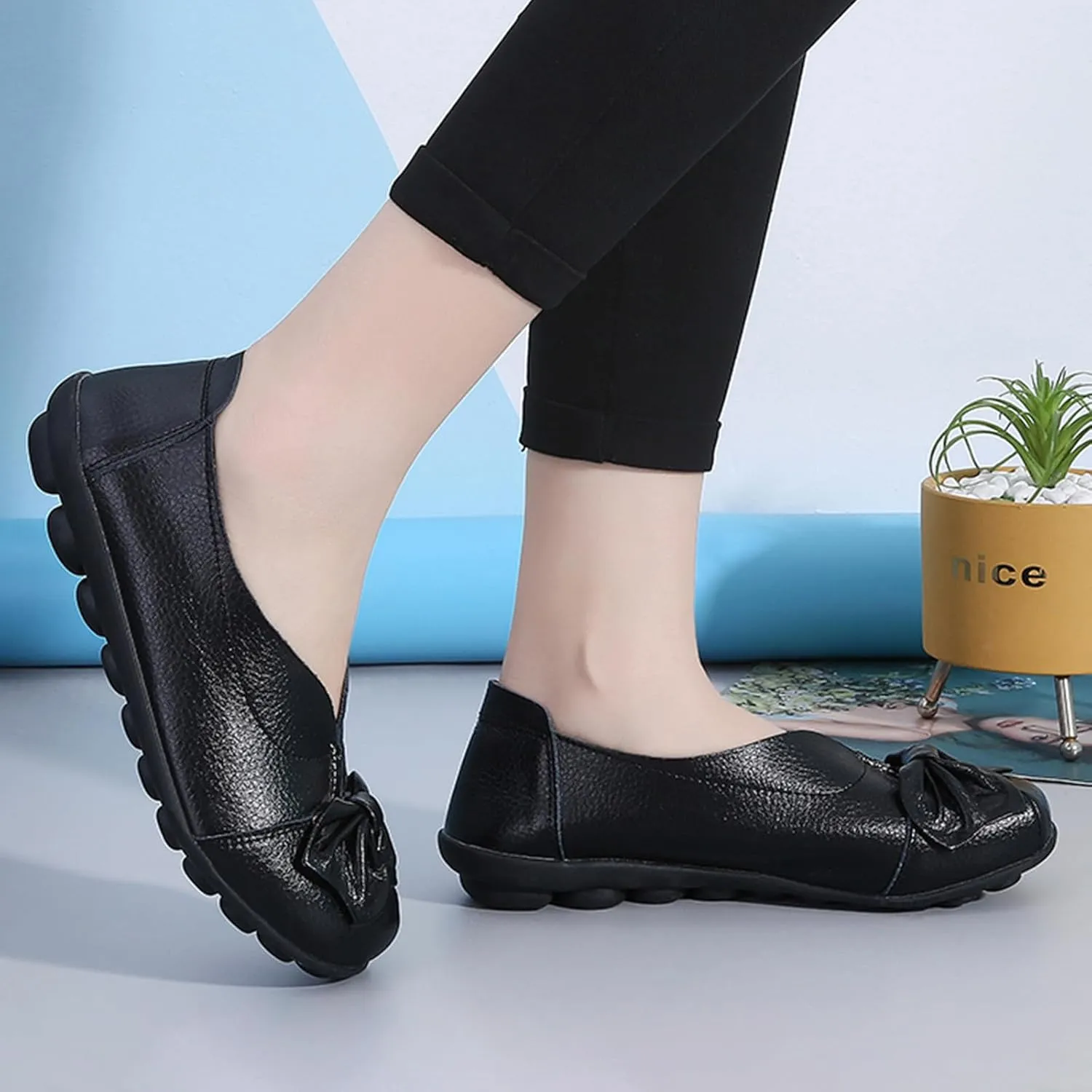 Women's Slip On Leather Loafers,Vintage Cute Handmade Bow Comfy Non-Slip Softsole Walking Casual Moccasins Dress Pumps