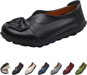 Women's Slip On Leather Loafers,Vintage Cute Handmade Bow Comfy Non-Slip Softsole Walking Casual Moccasins Dress Pumps