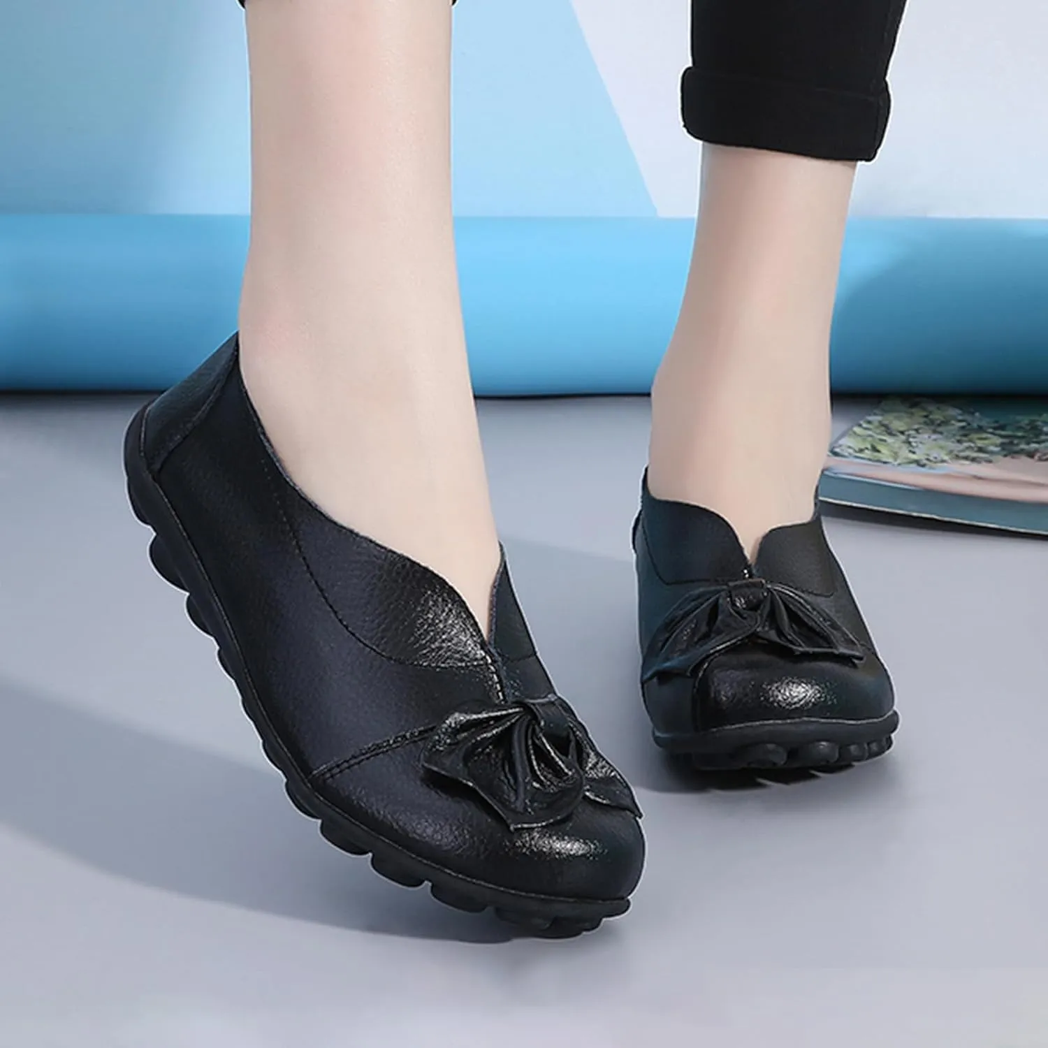 Women's Slip On Leather Loafers,Vintage Cute Handmade Bow Comfy Non-Slip Softsole Walking Casual Moccasins Dress Pumps