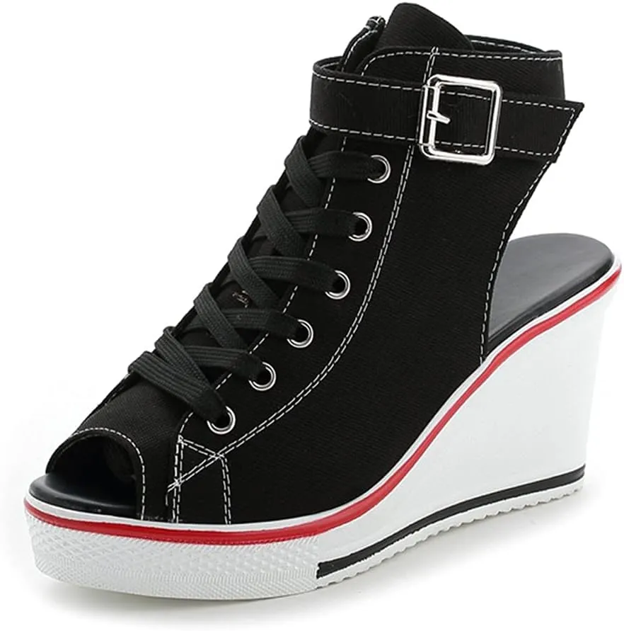 Women's Sneaker Shoes High Heel Fashionable Canvas Shoes High Tube Lace Up Wedge Edge Zipper Slope Angle Shoes Size 4-11