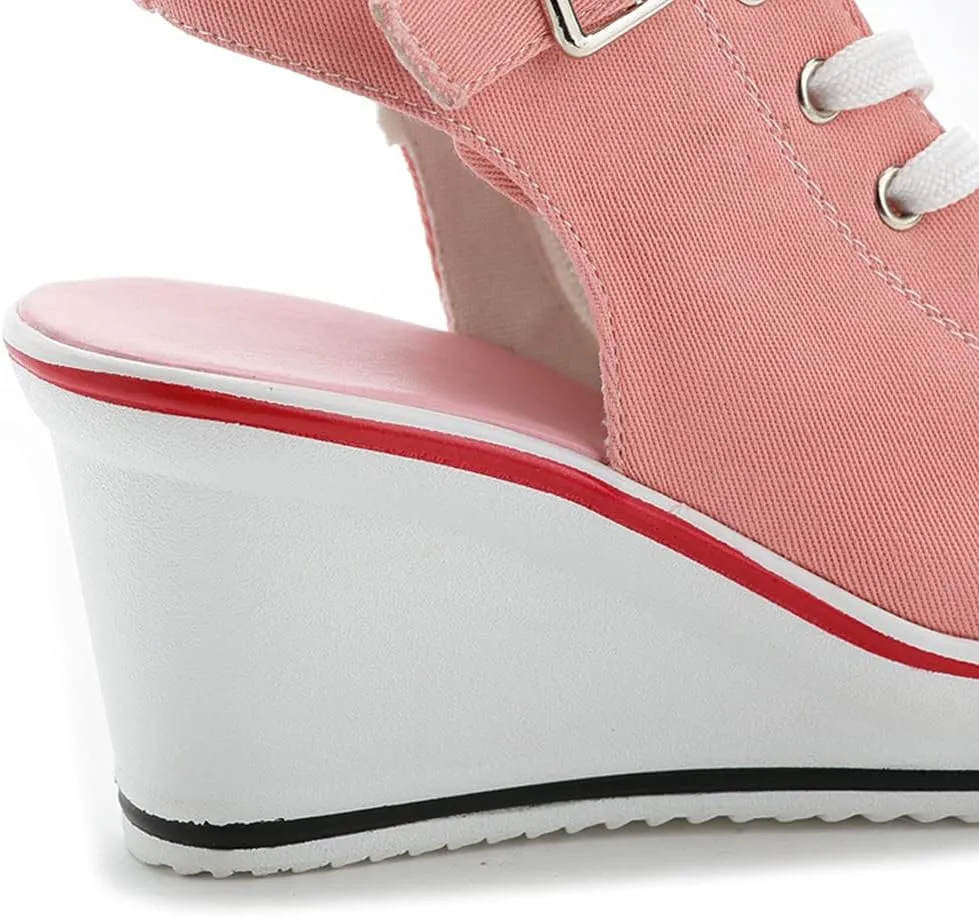 Women's Sneaker Shoes High Heel Fashionable Canvas Shoes High Tube Lace Up Wedge Edge Zipper Slope Angle Shoes Size 4-11