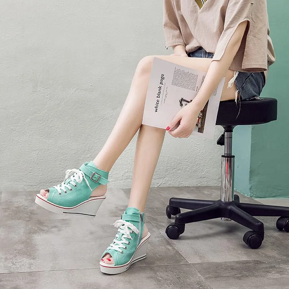 Women's Sneaker Shoes High Heel Fashionable Canvas Shoes High Tube Lace Up Wedge Edge Zipper Slope Angle Shoes Size 4-11