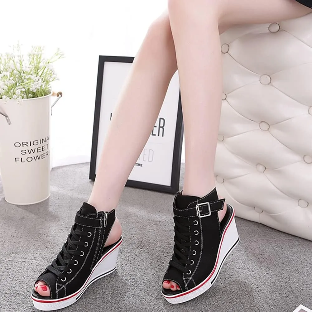 Women's Sneaker Shoes High Heel Fashionable Canvas Shoes High Tube Lace Up Wedge Edge Zipper Slope Angle Shoes Size 4-11