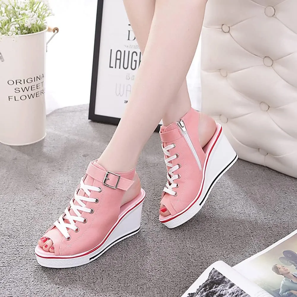 Women's Sneaker Shoes High Heel Fashionable Canvas Shoes High Tube Lace Up Wedge Edge Zipper Slope Angle Shoes Size 4-11