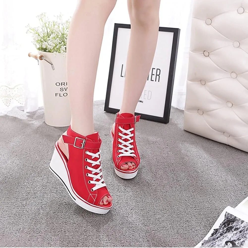 Women's Sneaker Shoes High Heel Fashionable Canvas Shoes High Tube Lace Up Wedge Edge Zipper Slope Angle Shoes Size 4-11
