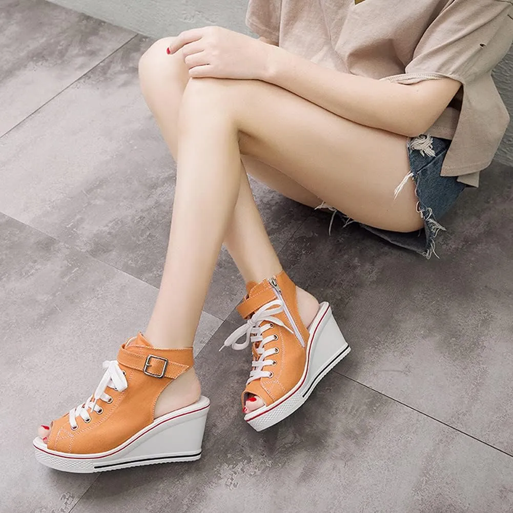 Women's Sneaker Shoes High Heel Fashionable Canvas Shoes High Tube Lace Up Wedge Edge Zipper Slope Angle Shoes Size 4-11