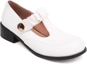 Women's T-Strap Chunky Heel Round Toe Pleated Button Metal Buckle Strap Solid Fashion Sweet Mary Janes Pumps Party Pumps