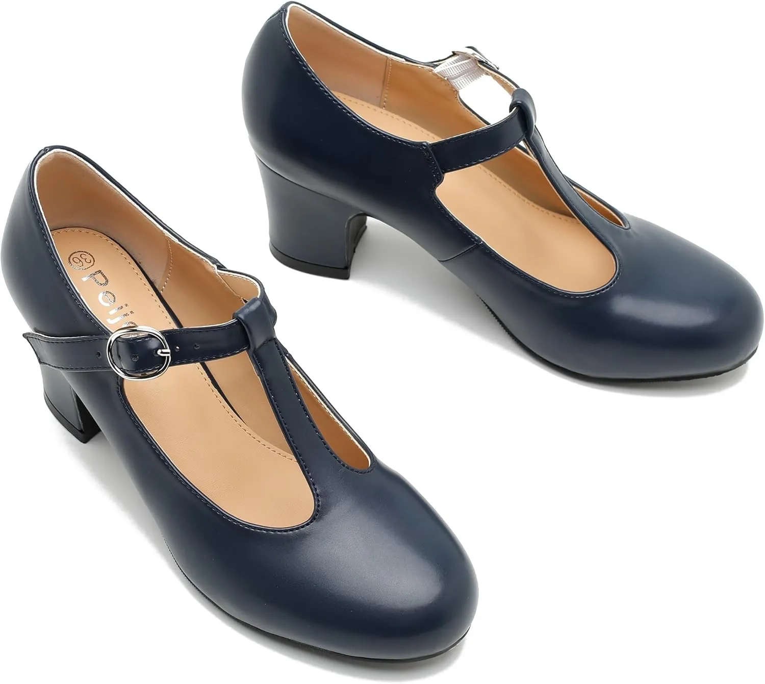 Women's T Strap Mary Jane Chunky Heel Low Block Pumps Round Toe Dress Office Work Shoes
