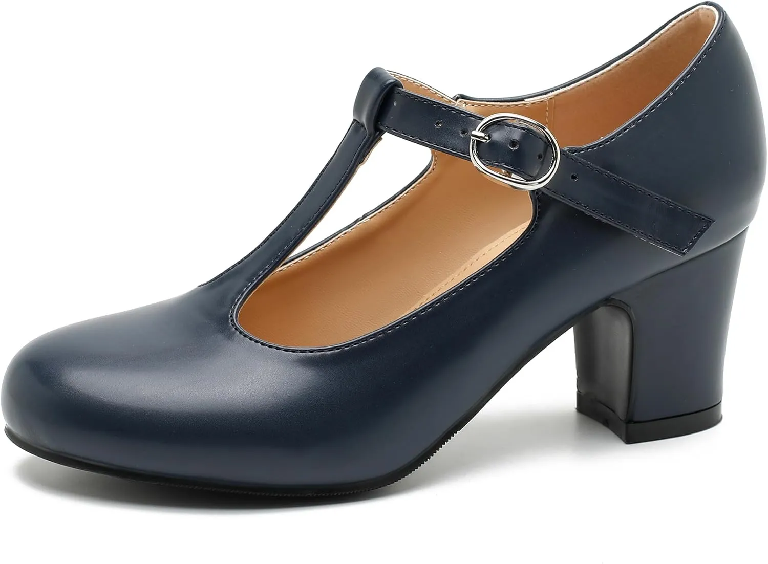 Women's T Strap Mary Jane Chunky Heel Low Block Pumps Round Toe Dress Office Work Shoes