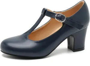 Women's T Strap Mary Jane Chunky Heel Low Block Pumps Round Toe Dress Office Work Shoes