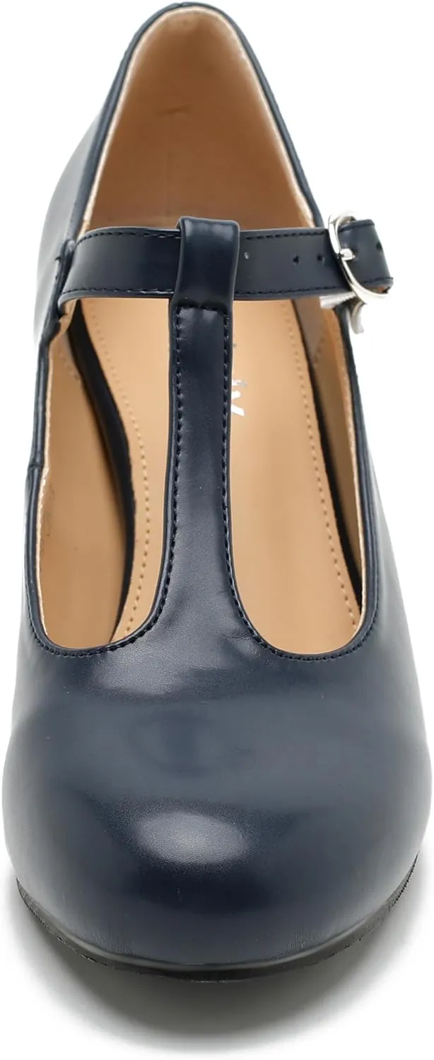 Women's T Strap Mary Jane Chunky Heel Low Block Pumps Round Toe Dress Office Work Shoes