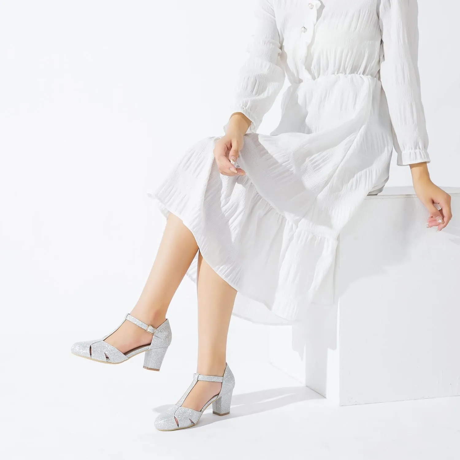 Womens T Strap Mary Jane Shoes Chunky Block Heel Cut Out Ankle Strap Buckle Dress Dance Pumps
