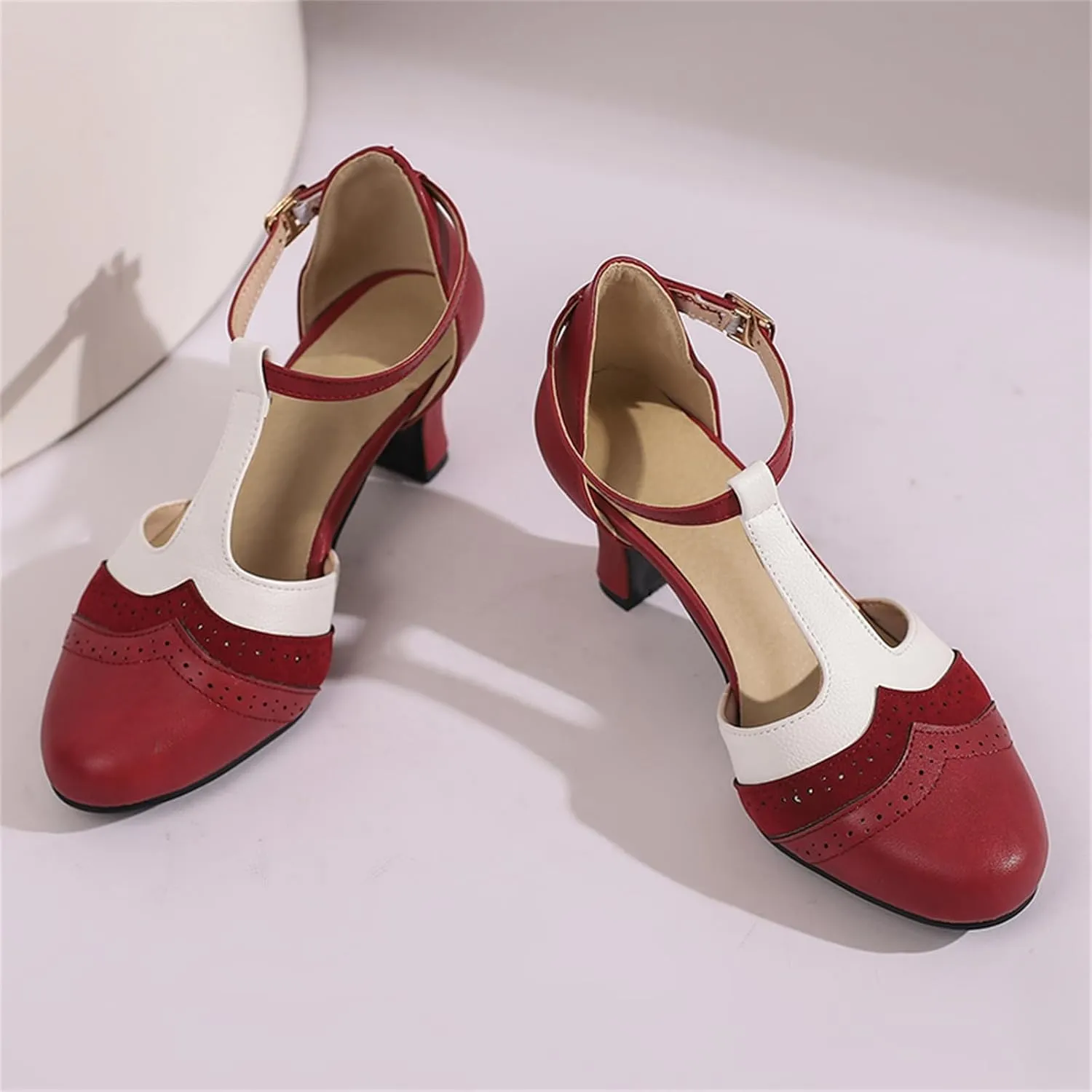 Womens T-Strap Two-Tone Round Toe Cute Kitten Heel Retro Ankle Strap Mary Jane Pumps D'Orsay Pumps