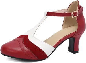Womens T-Strap Two-Tone Round Toe Cute Kitten Heel Retro Ankle Strap Mary Jane Pumps D'Orsay Pumps