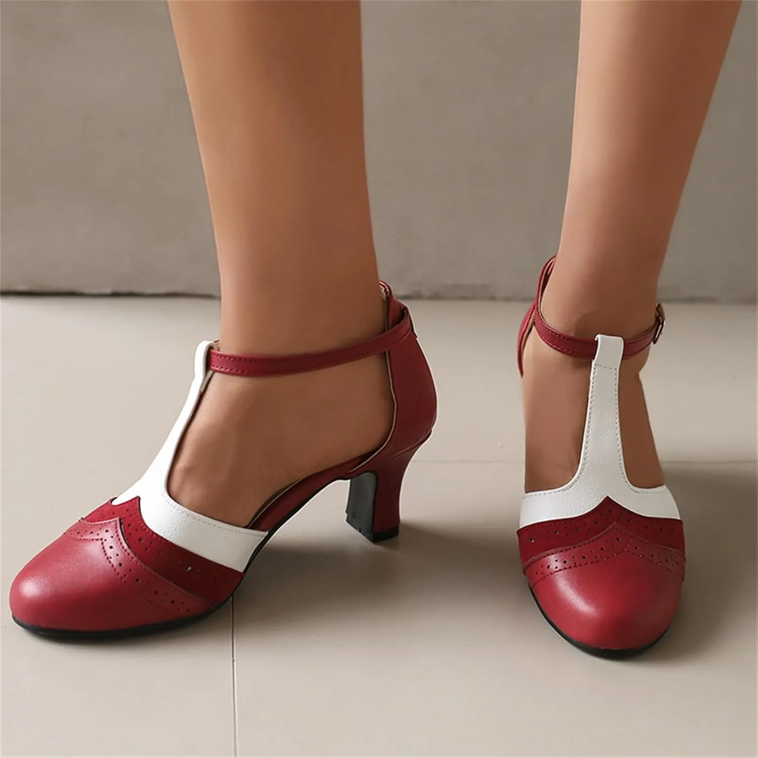 Womens T-Strap Two-Tone Round Toe Cute Kitten Heel Retro Ankle Strap Mary Jane Pumps D'Orsay Pumps