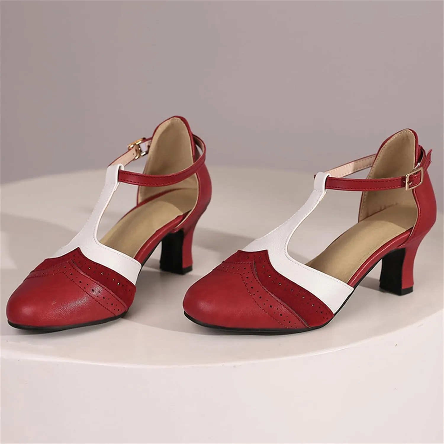 Womens T-Strap Two-Tone Round Toe Cute Kitten Heel Retro Ankle Strap Mary Jane Pumps D'Orsay Pumps