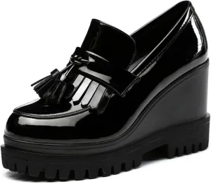 Women's Tassel Slip On Oxford Comfort Round Toe Platform High Heel Wedge Shoes