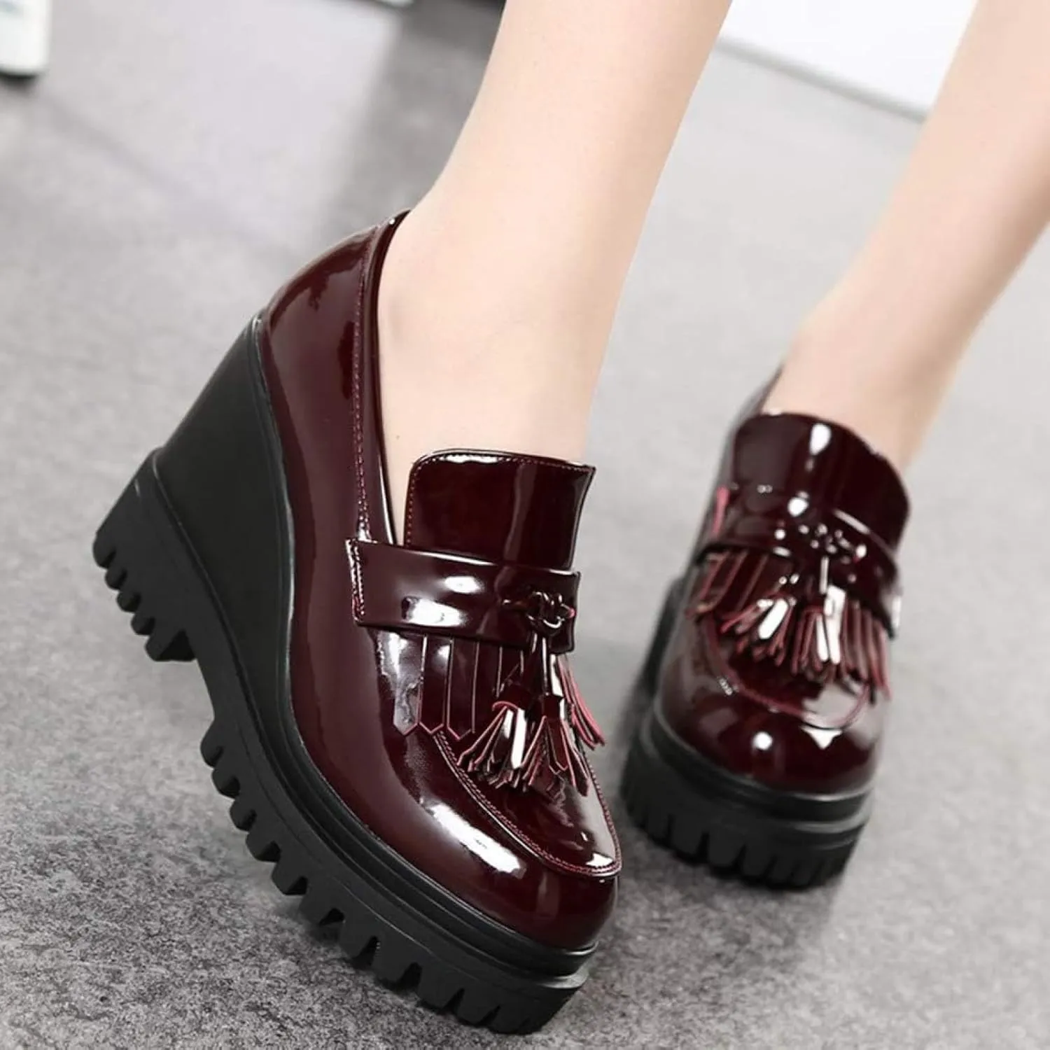 Women's Tassel Slip On Oxford Comfort Round Toe Platform High Heel Wedge Shoes