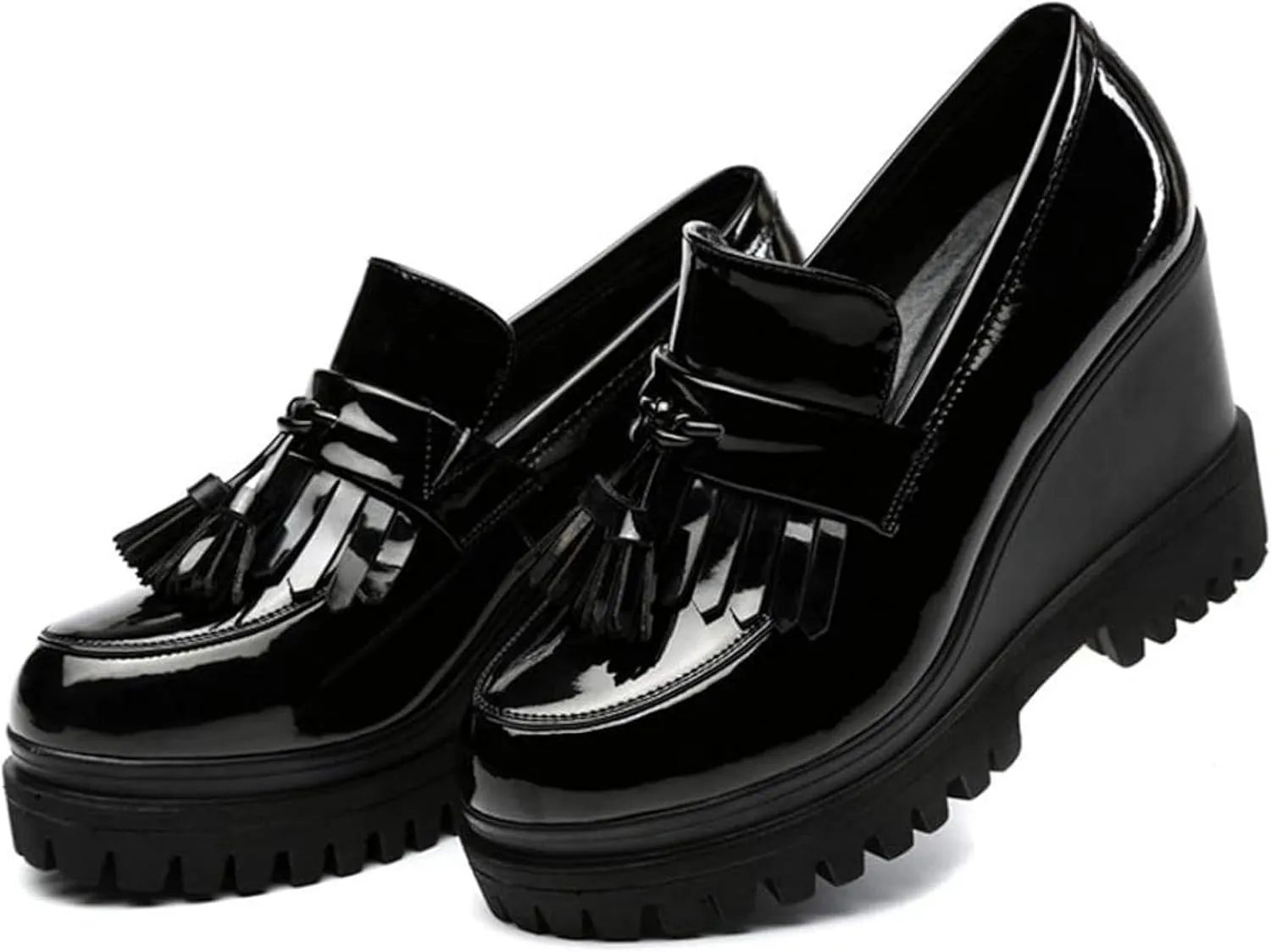Women's Tassel Slip On Oxford Comfort Round Toe Platform High Heel Wedge Shoes