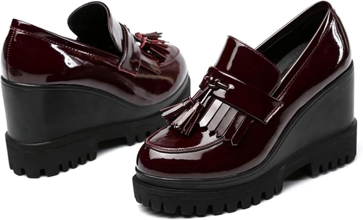 Women's Tassel Slip On Oxford Comfort Round Toe Platform High Heel Wedge Shoes