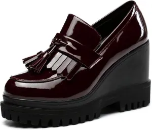 Women's Tassel Slip On Oxford Comfort Round Toe Platform High Heel Wedge Shoes