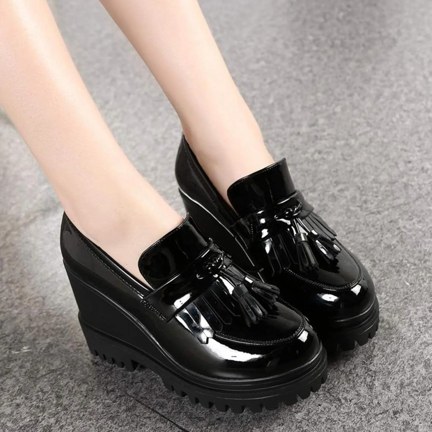 Women's Tassel Slip On Oxford Comfort Round Toe Platform High Heel Wedge Shoes