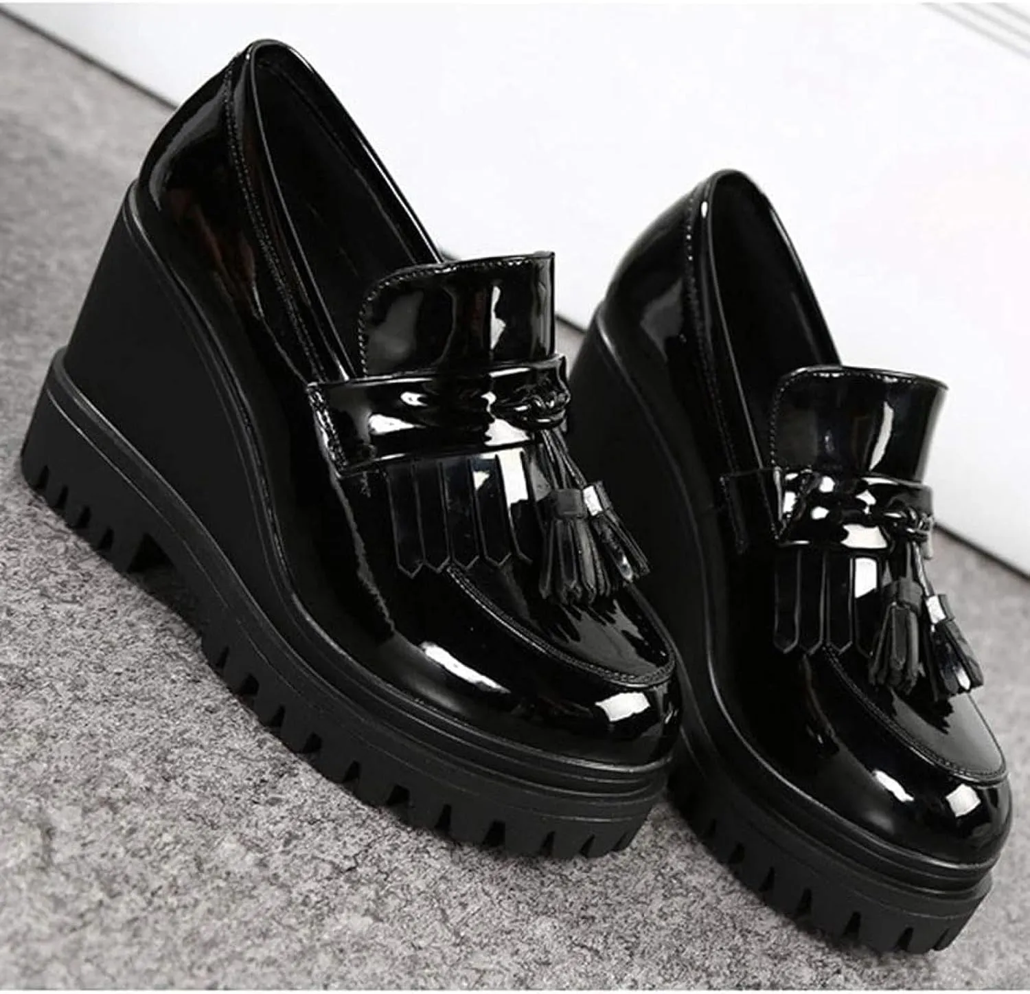 Women's Tassel Slip On Oxford Comfort Round Toe Platform High Heel Wedge Shoes