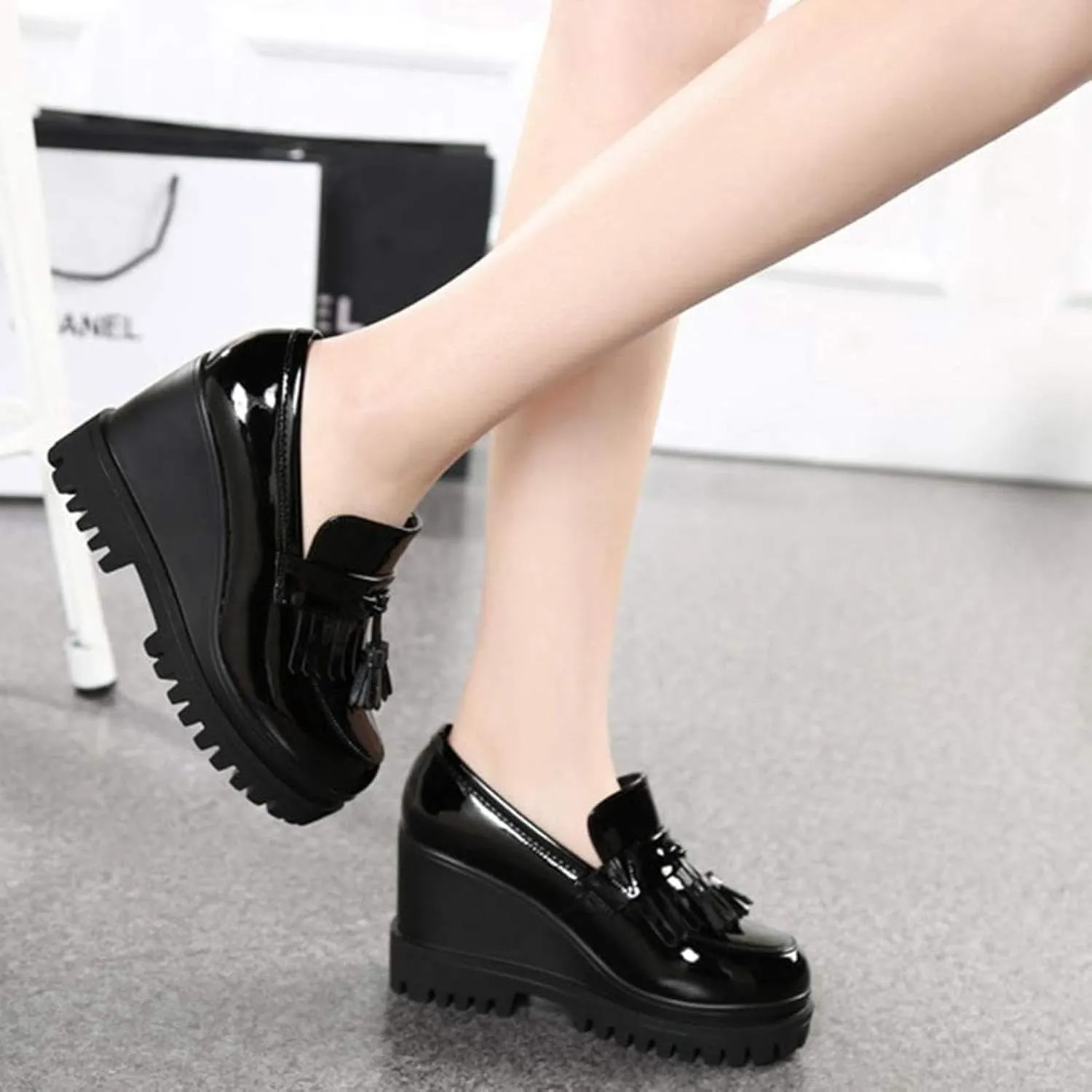 Women's Tassel Slip On Oxford Comfort Round Toe Platform High Heel Wedge Shoes