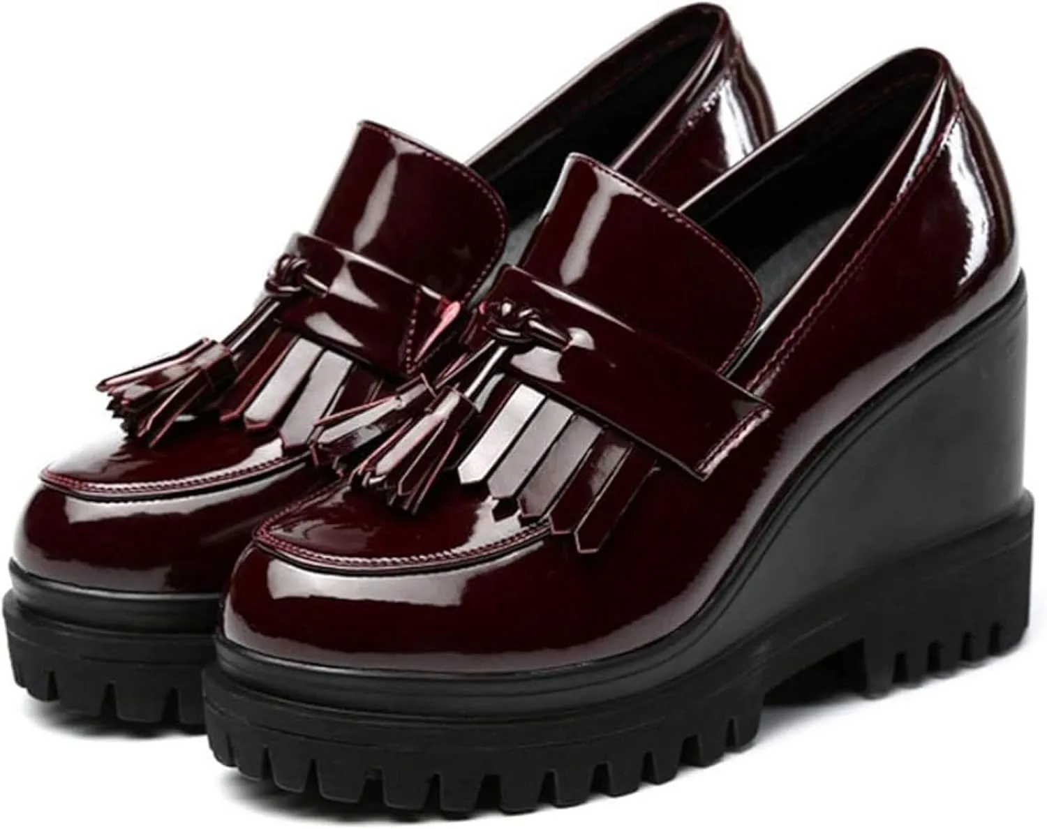 Women's Tassel Slip On Oxford Comfort Round Toe Platform High Heel Wedge Shoes