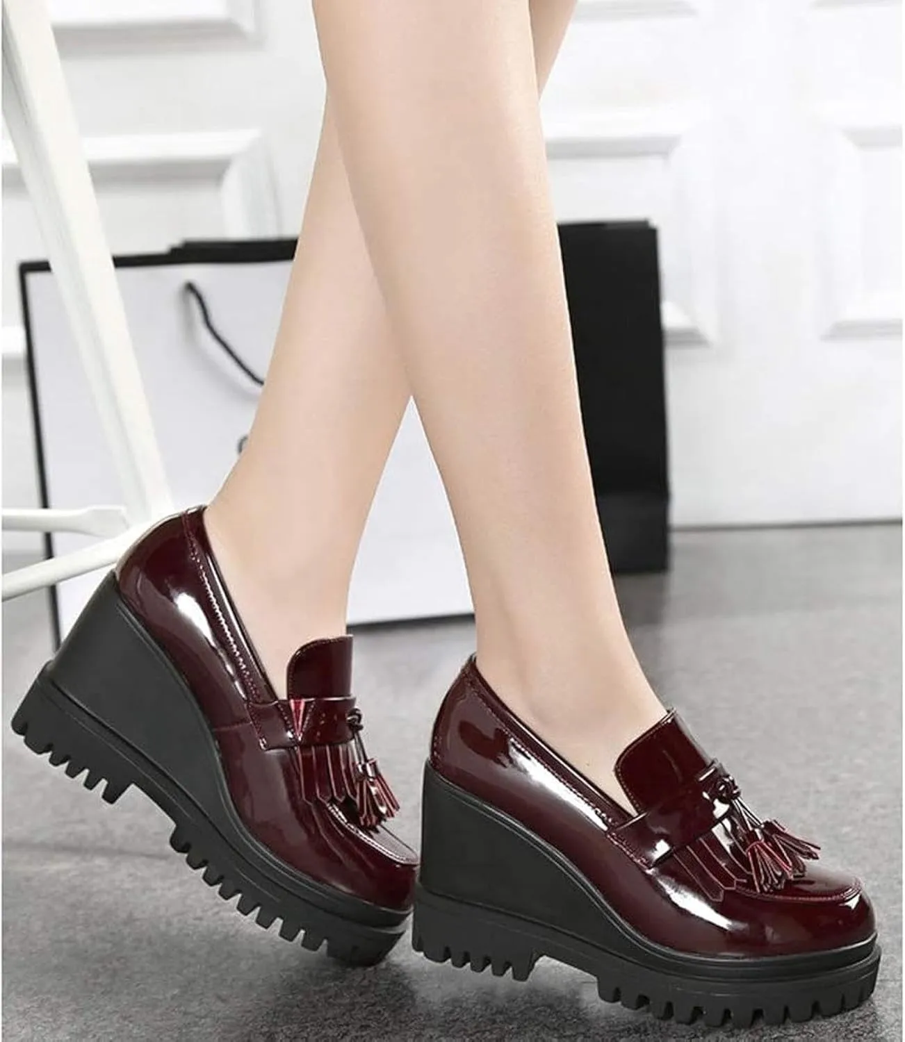 Women's Tassel Slip On Oxford Comfort Round Toe Platform High Heel Wedge Shoes
