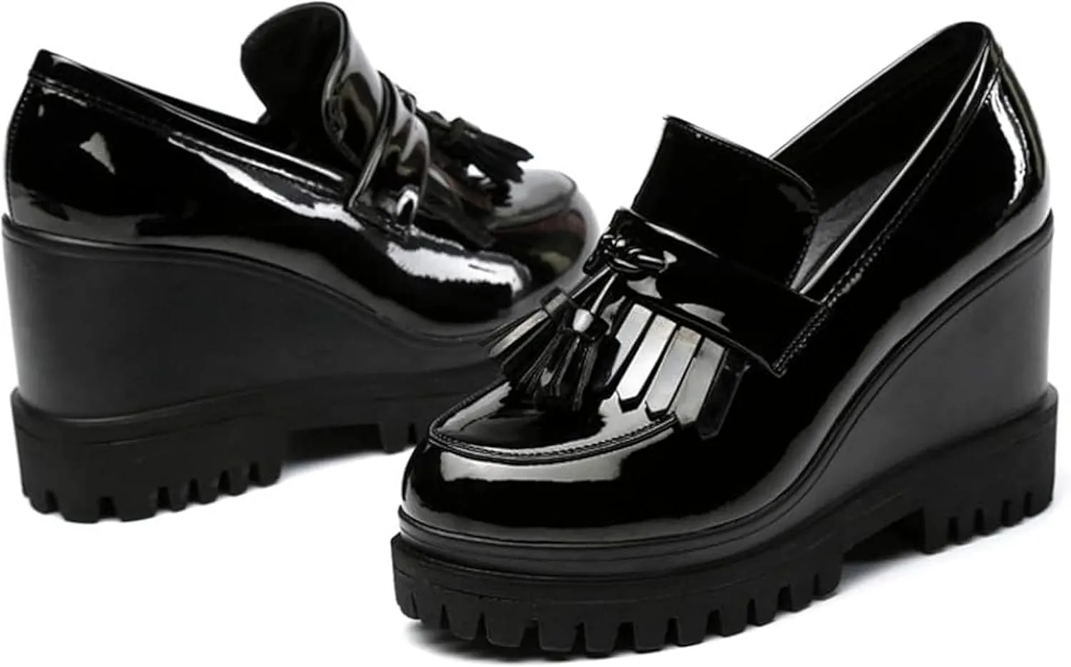 Women's Tassel Slip On Oxford Comfort Round Toe Platform High Heel Wedge Shoes