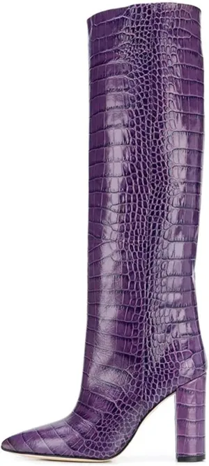 Womens Thigh High Boots Fashion Purple Crocodile Pattern Leather Slip On Chunky Heeled Booties Winter Wearing Booties Sexy Stripper Club Party Prom Pumps