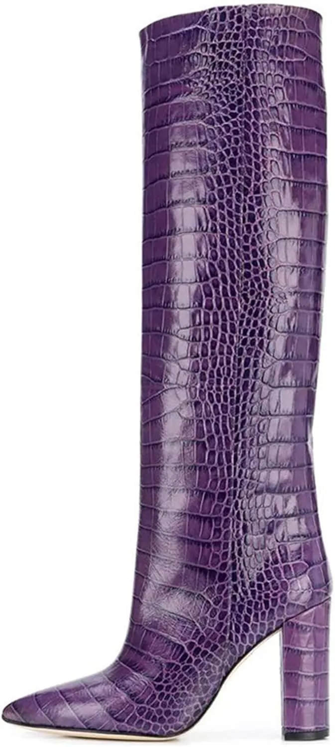 Womens Thigh High Boots Fashion Purple Crocodile Pattern Leather Slip On Chunky Heeled Booties Winter Wearing Booties Sexy Stripper Club Party Prom Pumps,Purple,44