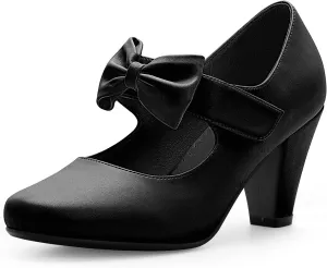 Women's Vintage Bow Round Toe Block High Heel Ankle Strap Cute Mary Janes Pumps