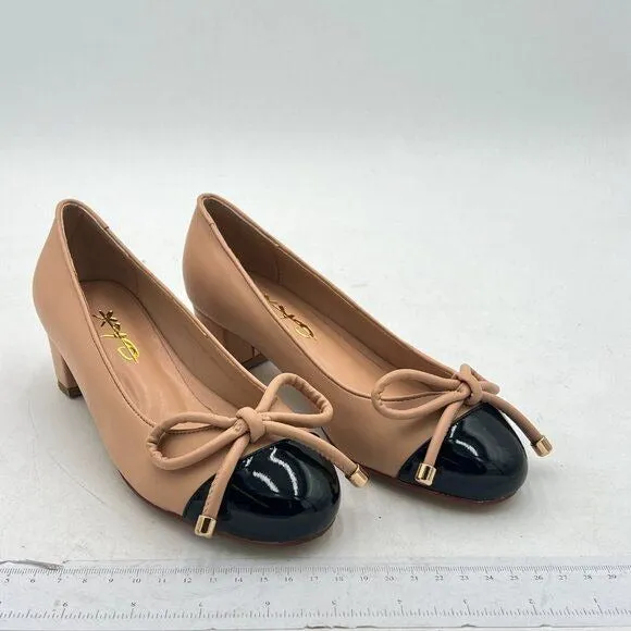 XYD Nude Round Cap Toe Slip on Pumps Chunky Low Heel Bows Loafers Date Shoes