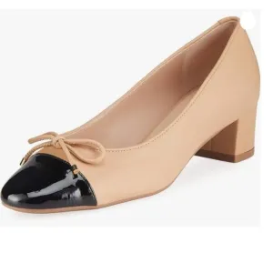 XYD Nude Round Cap Toe Slip on Pumps Chunky Low Heel Bows Loafers Date Shoes