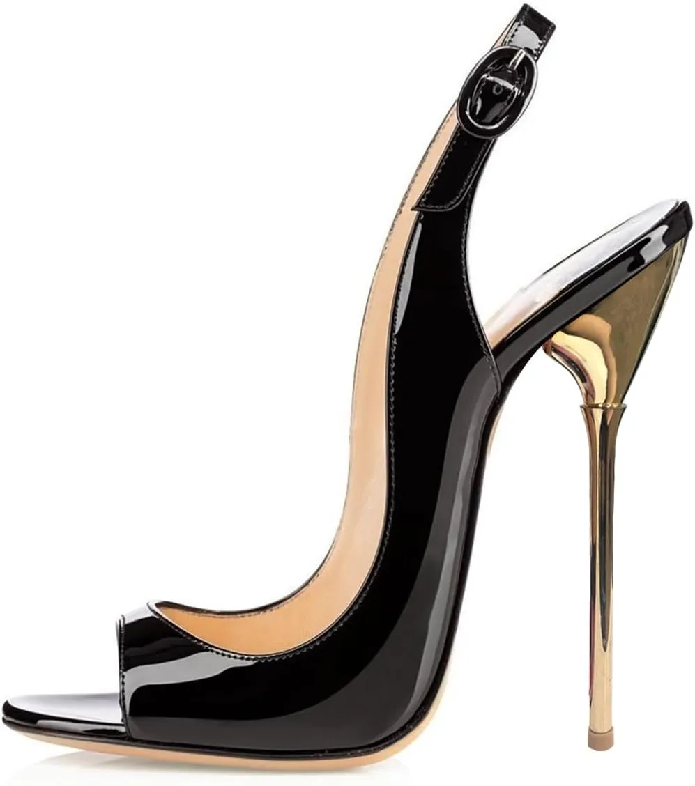 XYD Women Classic Peep Open Toe Pumps Slingback Metal Stiletto Heels 12CM Slip On Event Party Pumps Shoes