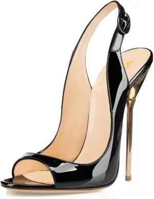 XYD Women Classic Peep Open Toe Pumps Slingback Metal Stiletto Heels 12CM Slip On Event Party Pumps Shoes