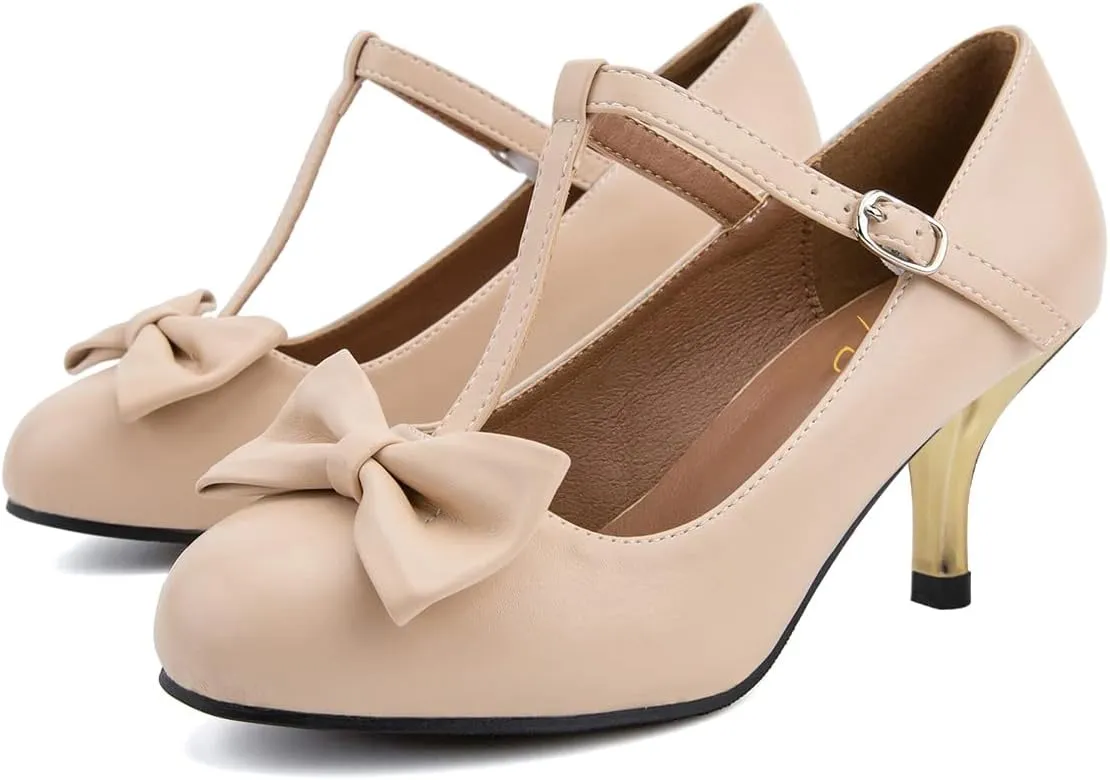 XYD Women Classic Pumps Bow Knot T-Strap Round Toe Mary Jane Kitten Low Heels with Buckle Office Pumps Casual Shoes