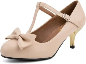 XYD Women Classic Pumps Bow Knot T-Strap Round Toe Mary Jane Kitten Low Heels with Buckle Office Pumps Casual Shoes