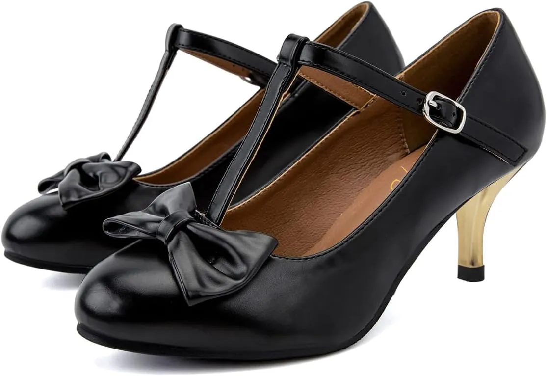 XYD Women Classic Pumps Bow Knot T-Strap Round Toe Mary Jane Kitten Low Heels with Buckle Office Pumps Casual Shoes