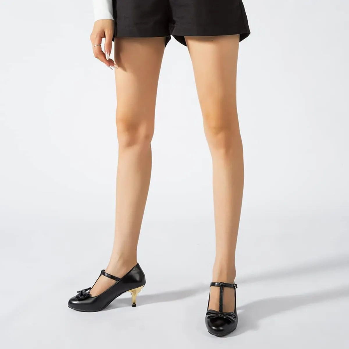 XYD Women Classic Pumps Bow Knot T-Strap Round Toe Mary Jane Kitten Low Heels with Buckle Office Pumps Casual Shoes