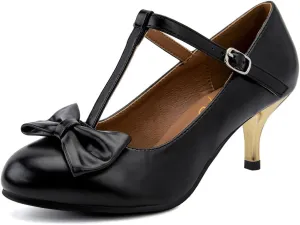 XYD Women Classic Pumps Bow Knot T-Strap Round Toe Mary Jane Kitten Low Heels with Buckle Office Pumps Casual Shoes