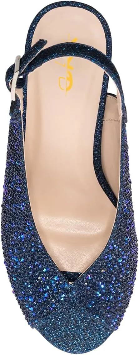 XYD Women Crystal Slingback Heels Sandals Peep Toe Glitter Rhinestone Studs Block High Heel Slip On Pumps Event Wedding Dress Shoes