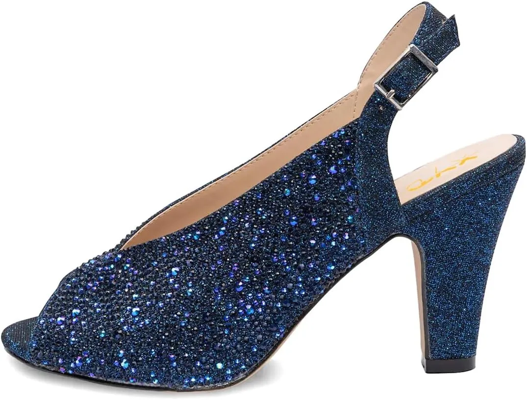 XYD Women Crystal Slingback Heels Sandals Peep Toe Glitter Rhinestone Studs Block High Heel Slip On Pumps Event Wedding Dress Shoes