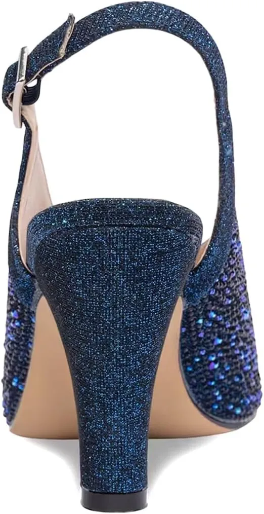 XYD Women Crystal Slingback Heels Sandals Peep Toe Glitter Rhinestone Studs Block High Heel Slip On Pumps Event Wedding Dress Shoes