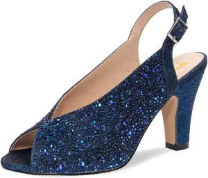 XYD Women Crystal Slingback Heels Sandals Peep Toe Glitter Rhinestone Studs Block High Heel Slip On Pumps Event Wedding Dress Shoes
