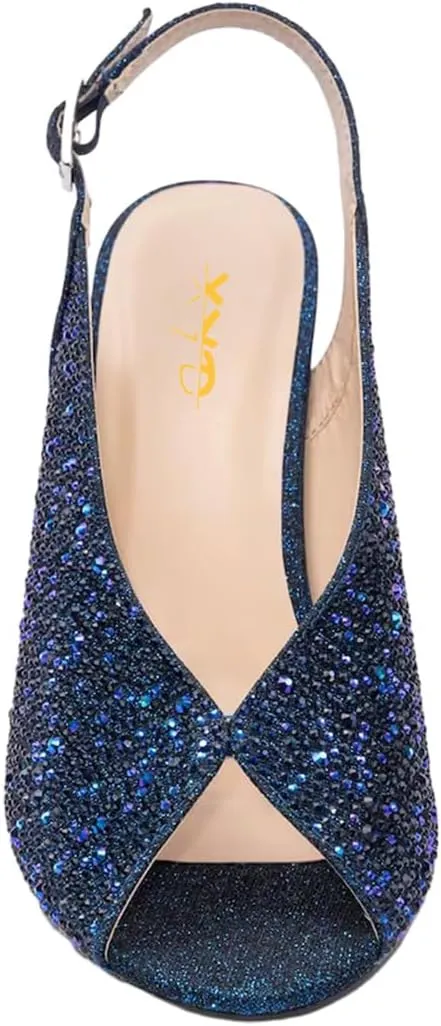 XYD Women Crystal Slingback Heels Sandals Peep Toe Glitter Rhinestone Studs Block High Heel Slip On Pumps Event Wedding Dress Shoes